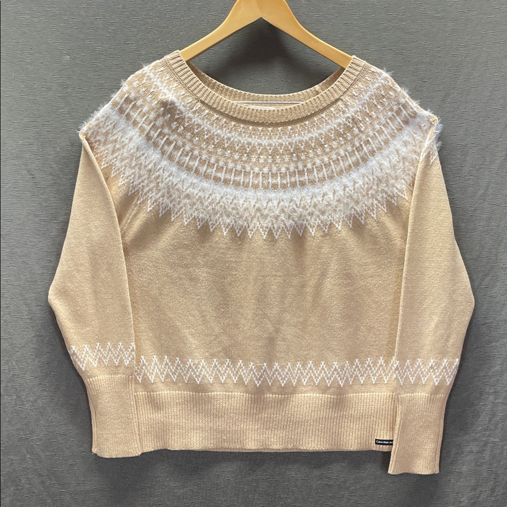 Calvin Klein Jeans Tan and White Crew Neck Sweater